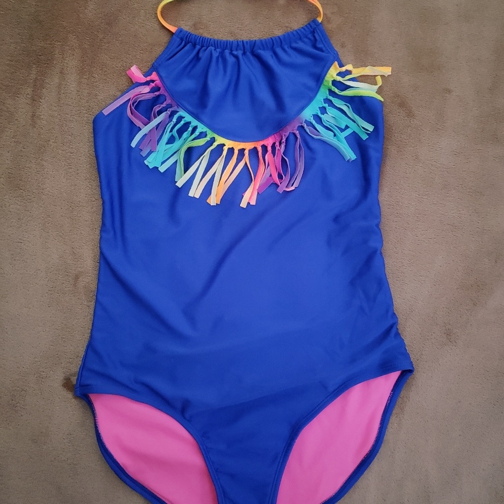 Blue One Piece Swimsuit with Rainbow Tassels